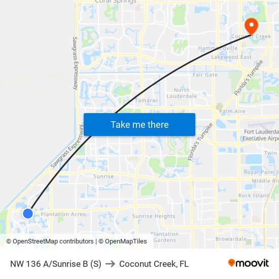 NW 136 A/Sunrise B (S) to Coconut Creek, FL map