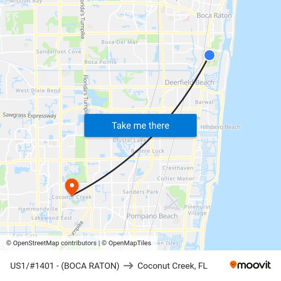 Us1/#1401 - (Boca Raton) to Coconut Creek, FL map