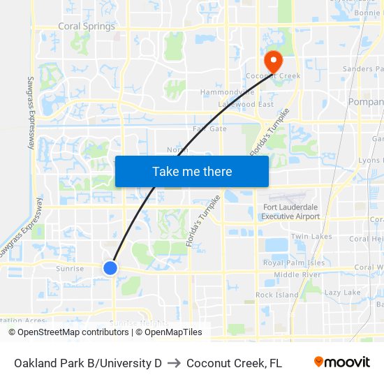 Oakland Park B/University D to Coconut Creek, FL map