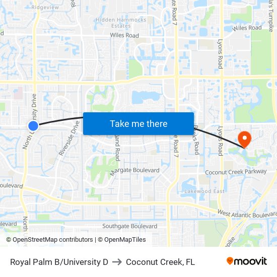 Royal Palm B/University D to Coconut Creek, FL map