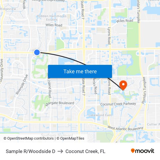 Sample R/Woodside D to Coconut Creek, FL map
