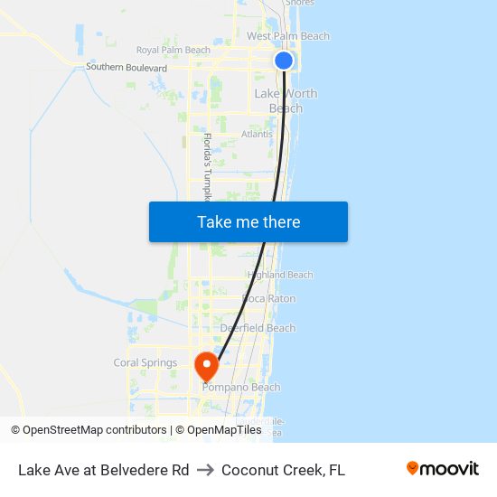 Lake Ave at Belvedere Rd to Coconut Creek, FL map