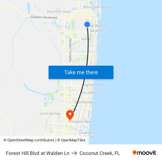 Forest Hill Blvd at Walden Ln to Coconut Creek, FL map