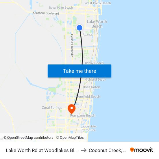 Lake Worth Rd at Woodlakes Blvd to Coconut Creek, FL map