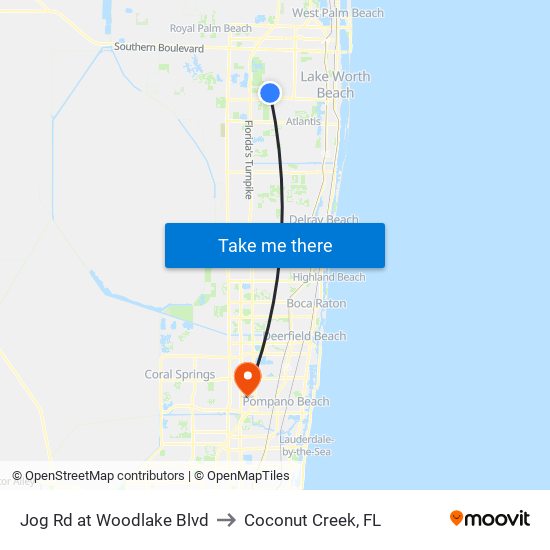 Jog Rd at Woodlake Blvd to Coconut Creek, FL map