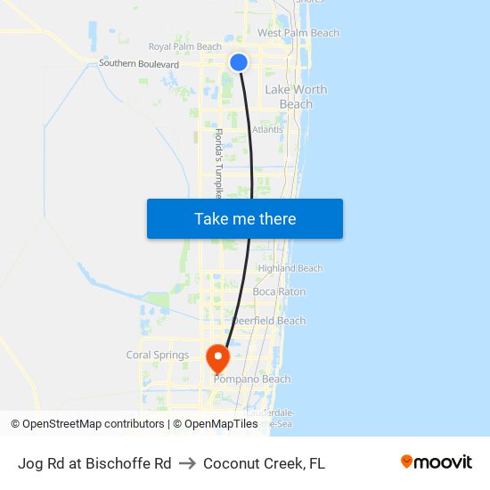 Jog Rd at Bischoffe Rd to Coconut Creek, FL map