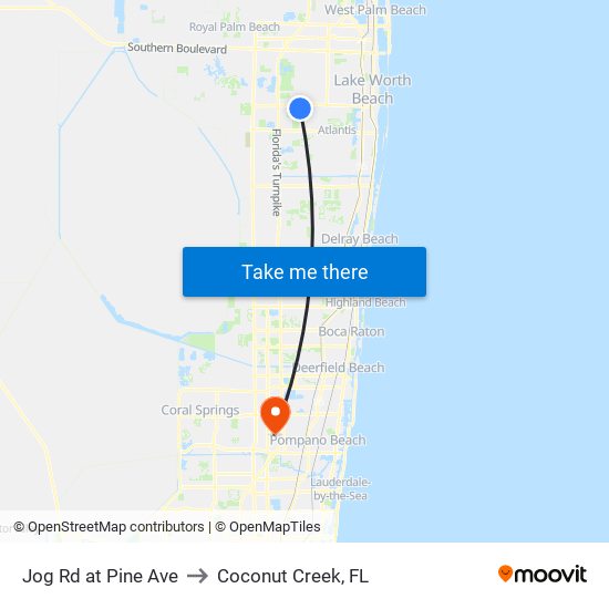 Jog Rd at Pine Ave to Coconut Creek, FL map