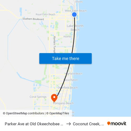 Parker Ave at Old Okeechobee Rd to Coconut Creek, FL map