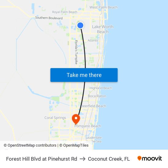 Forest Hill Blvd at Pinehurst Rd to Coconut Creek, FL map