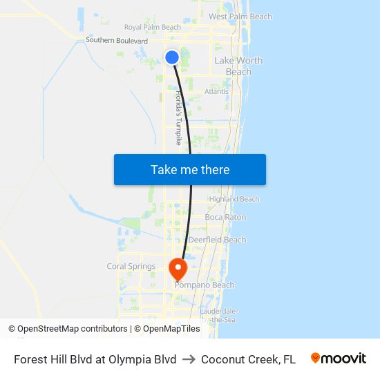 Forest Hill Blvd at Olympia Blvd to Coconut Creek, FL map