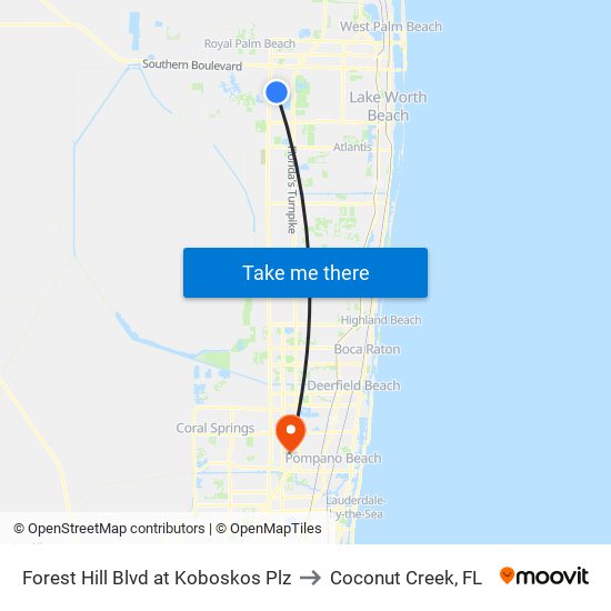 Forest Hill Blvd at Koboskos Plz to Coconut Creek, FL map