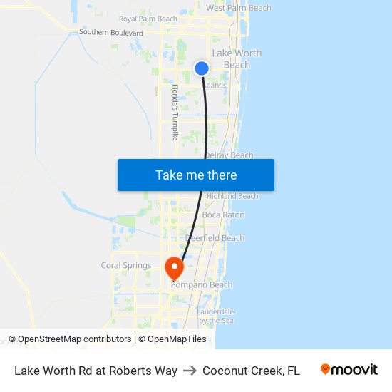 Lake Worth Rd at Roberts Way to Coconut Creek, FL map