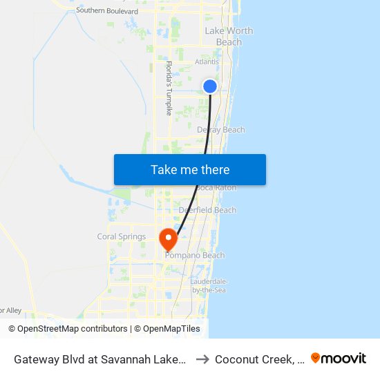 Gateway Blvd at  Savannah Lakes Dr to Coconut Creek, FL map