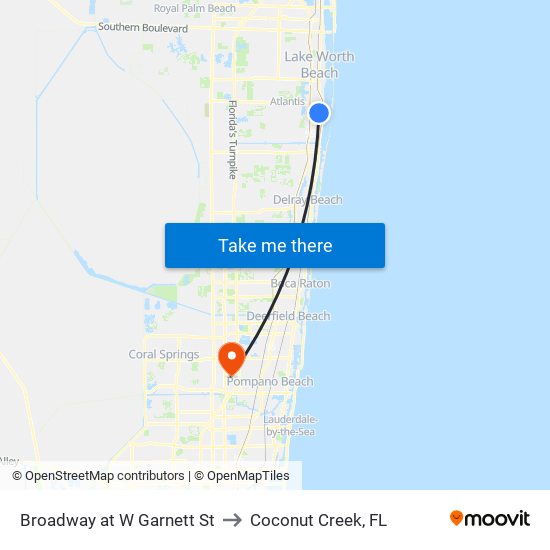 Broadway at W Garnett St to Coconut Creek, FL map