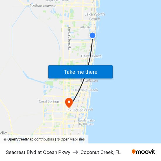 Seacrest Blvd at Ocean Pkwy to Coconut Creek, FL map