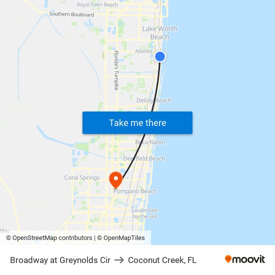 Broadway at Greynolds Cir to Coconut Creek, FL map