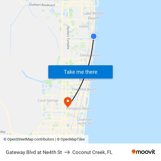 Gateway Blvd at Ne4th St to Coconut Creek, FL map