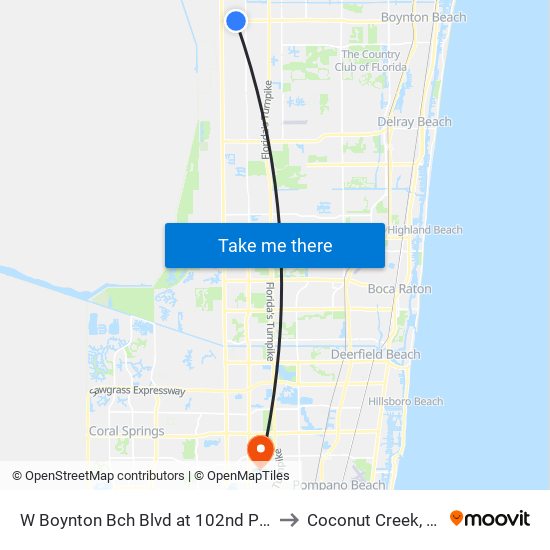 W Boynton Bch Blvd at 102nd Pl S to Coconut Creek, FL map