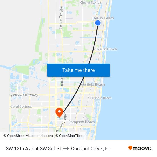 SW 12th Ave at SW 3rd St to Coconut Creek, FL map