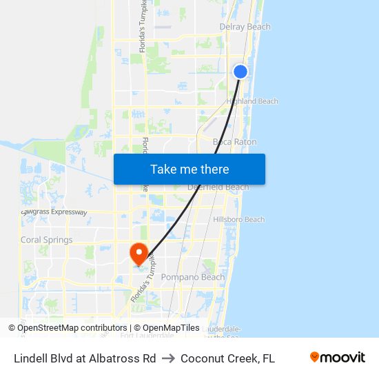 Lindell Blvd at Albatross Rd to Coconut Creek, FL map