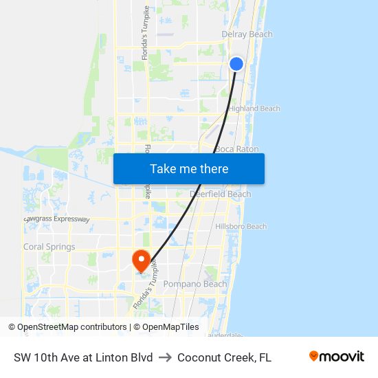 SW 10th Ave at Linton Blvd to Coconut Creek, FL map