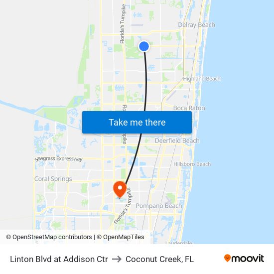 Linton Blvd at Addison Ctr to Coconut Creek, FL map