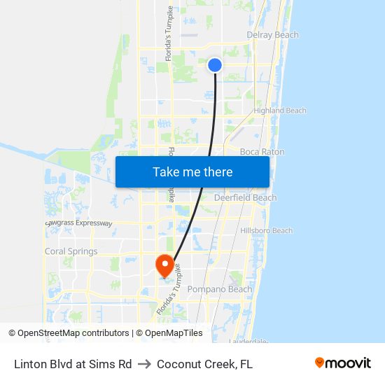 Linton Blvd at Sims Rd to Coconut Creek, FL map