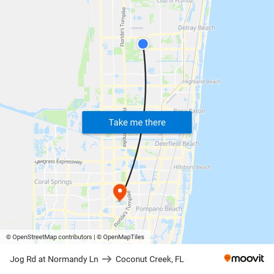 Jog Rd at Normandy Ln to Coconut Creek, FL map