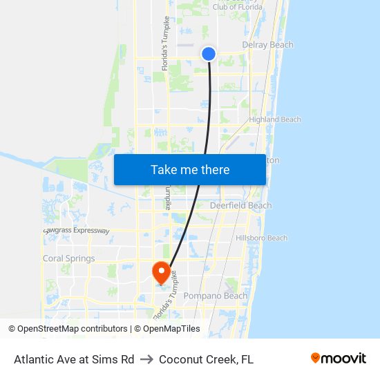 Atlantic Ave at Sims Rd to Coconut Creek, FL map