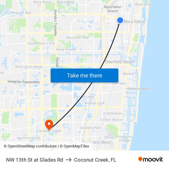 NW 13th St at Glades Rd to Coconut Creek, FL map