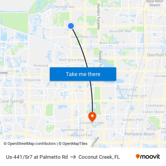 Us-441/Sr7 at Palmetto Rd to Coconut Creek, FL map