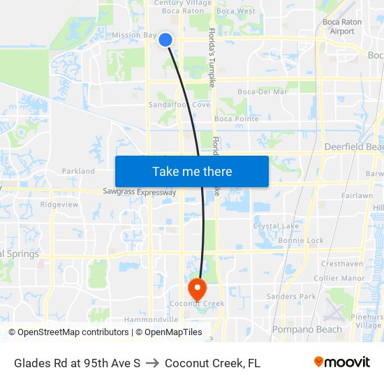 GLADES RD at 95TH AVE S to Coconut Creek, FL map