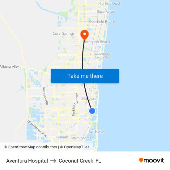 Aventura Hospital to Coconut Creek, FL map
