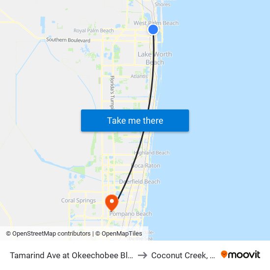 Tamarind Ave at Okeechobee Blvd to Coconut Creek, FL map