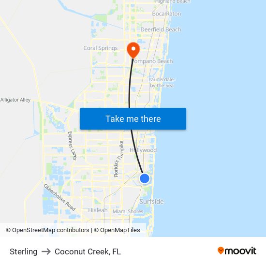 Sterling to Coconut Creek, FL map