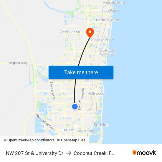 NW 207 St & University Dr to Coconut Creek, FL map