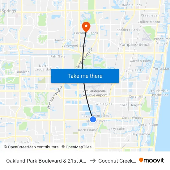 Oakland Park Boulevard & 21st Avenue to Coconut Creek, FL map