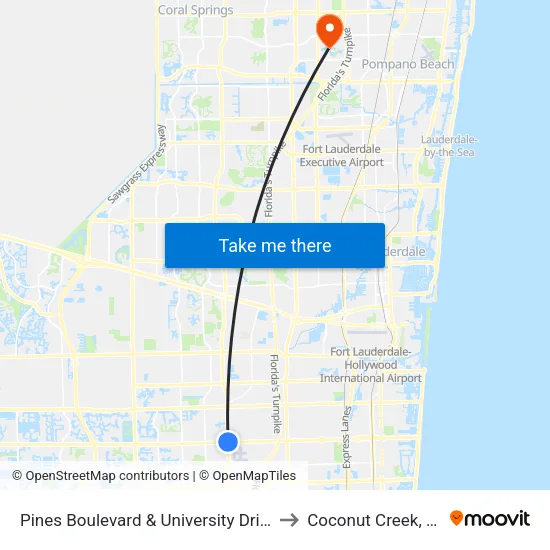 Pines Boulevard & University Drive to Coconut Creek, FL map