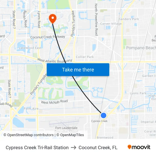 Cypress Creek Tri-Rail Station to Coconut Creek, FL map