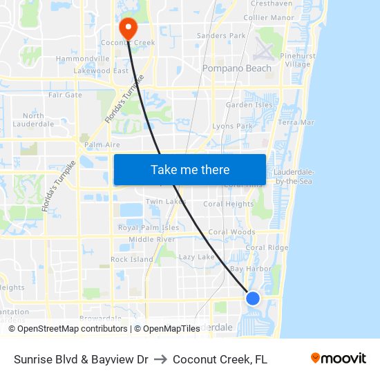 Sunrise Blvd & Bayview Dr to Coconut Creek, FL map