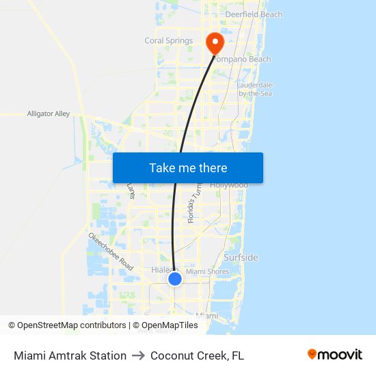 Miami Amtrak Station to Coconut Creek, FL map