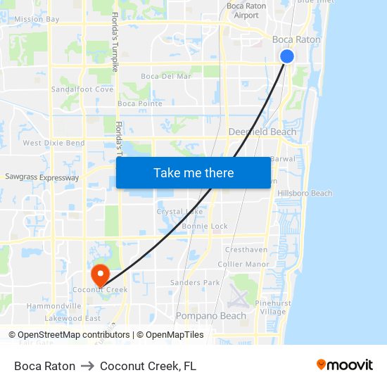 Boca Raton to Coconut Creek, FL map