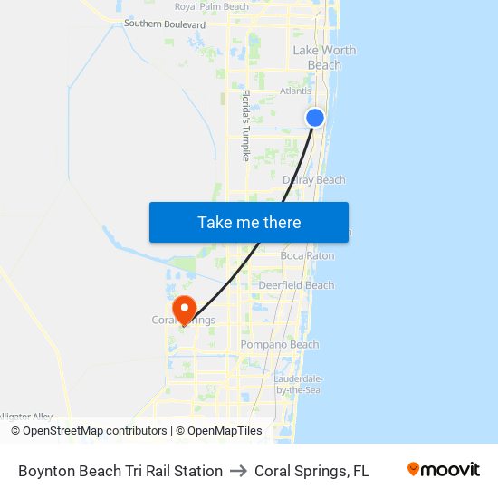 Boynton Beach Tri Rail Station to Coral Springs, FL map