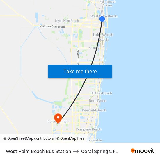 West Palm Beach Bus Station to Coral Springs, FL map