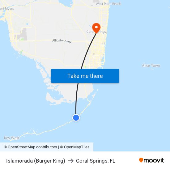 Islamorada (Burger King) to Coral Springs, FL map