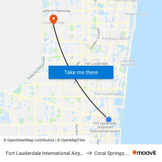 Fort Lauderdale International Airport to Coral Springs, FL map