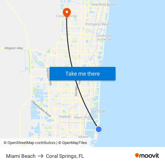 Miami Beach to Coral Springs, FL map