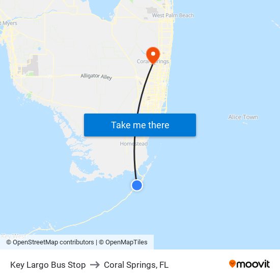 Key Largo Bus Stop to Coral Springs, FL map