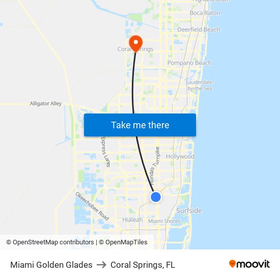 Miami Golden Glades to Coral Springs, FL map