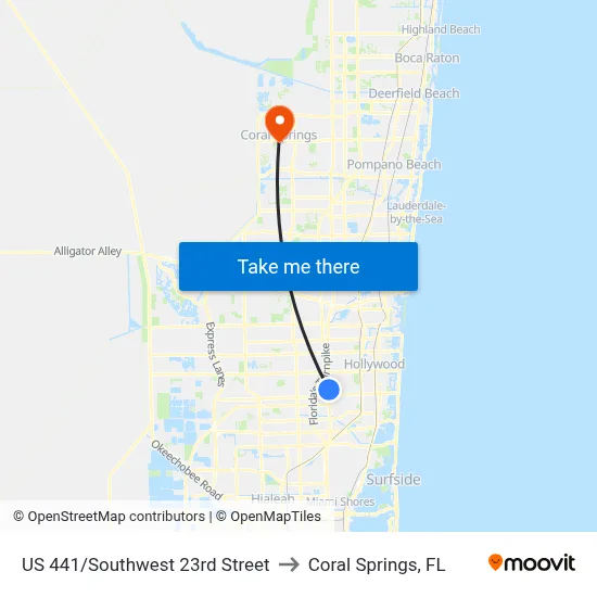 US 441/Southwest 23rd Street to Coral Springs, FL map